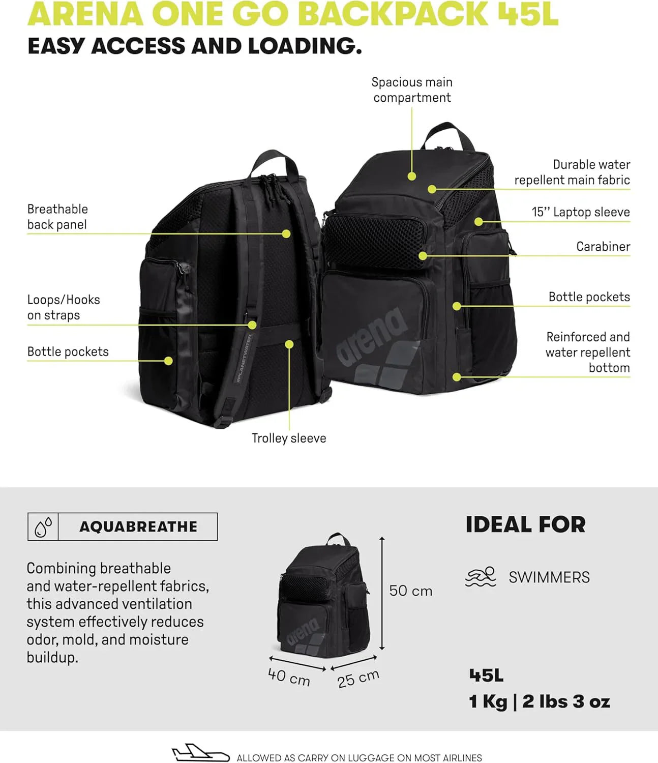 Arena One Go Backpack 45L with features highlighted on a white background