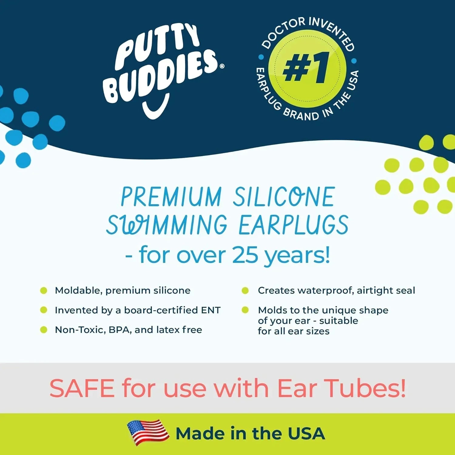 Advertisement for Putty Buddies Swimming earplug product with text and branding elements.