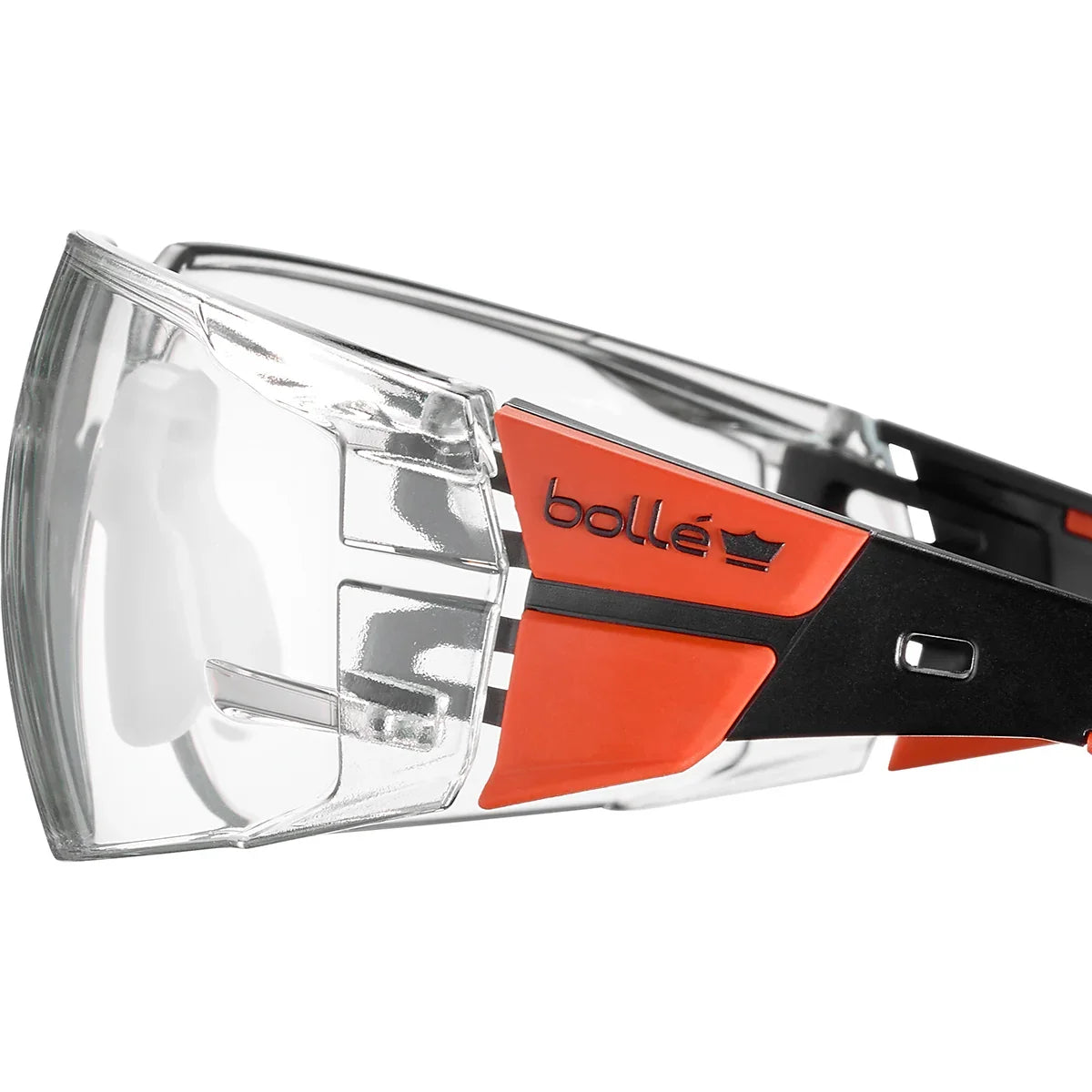 Close-up of a Bolle safety glasses with clear lens and Red and black frame.