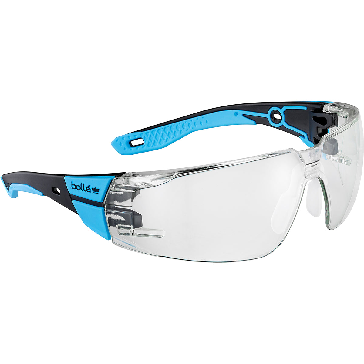 Clear Bolle Rush+ 2.0 safety glasses with black and blue frame