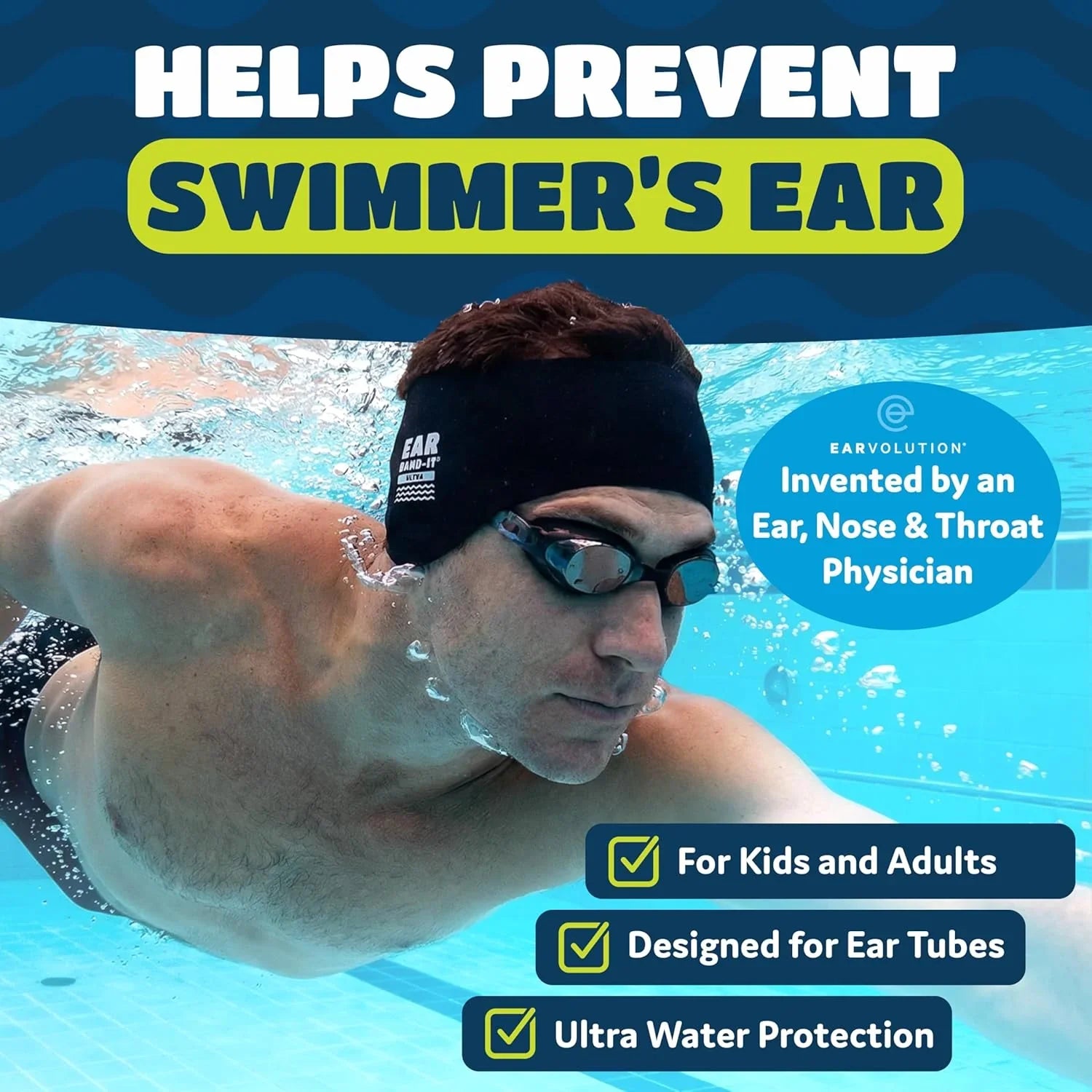 Ear Band it Ultra Black swimming Headband Large size for kids and adult