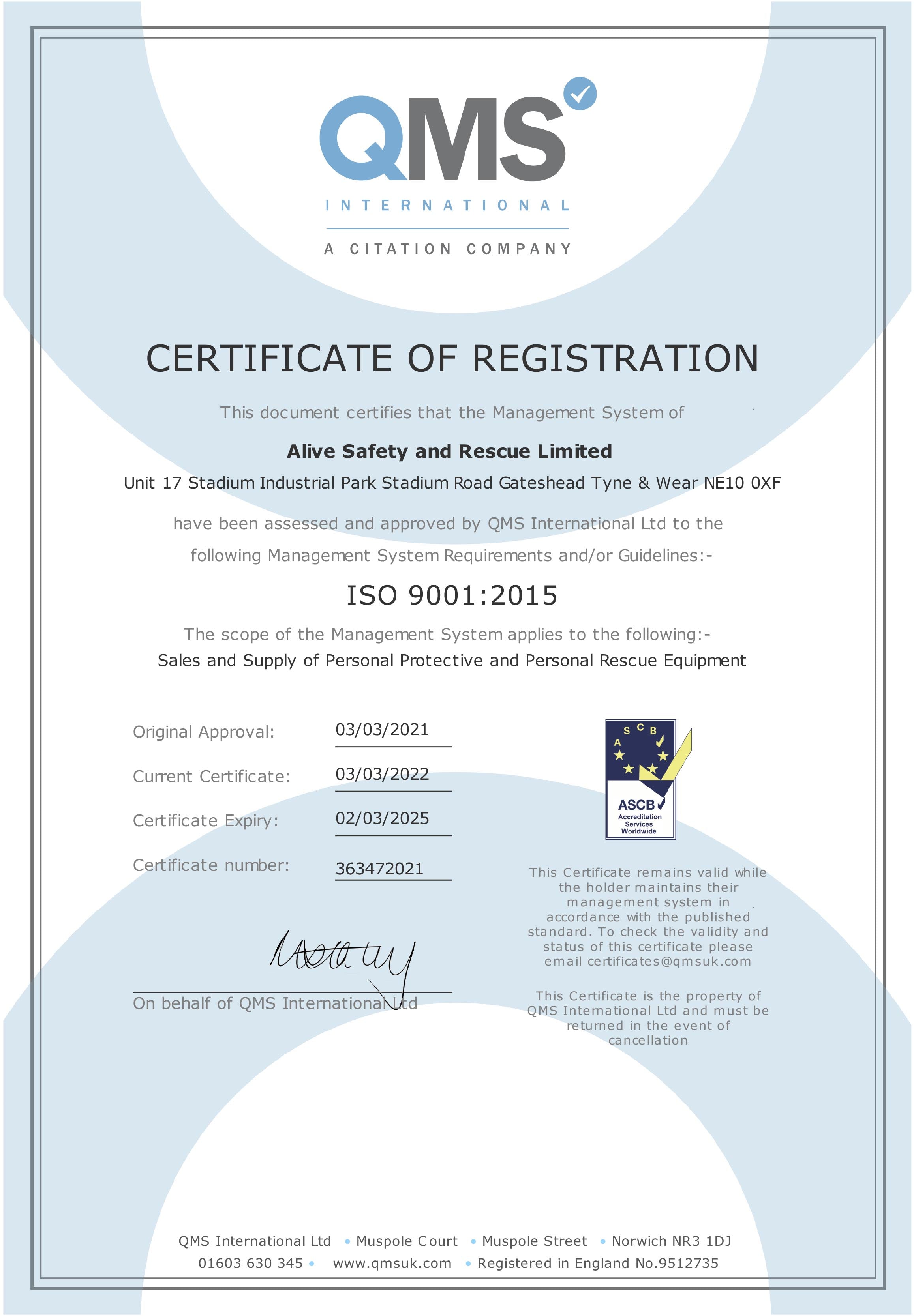 Alive Safety & Rescue Ltd ISO 9001 2015 Certification