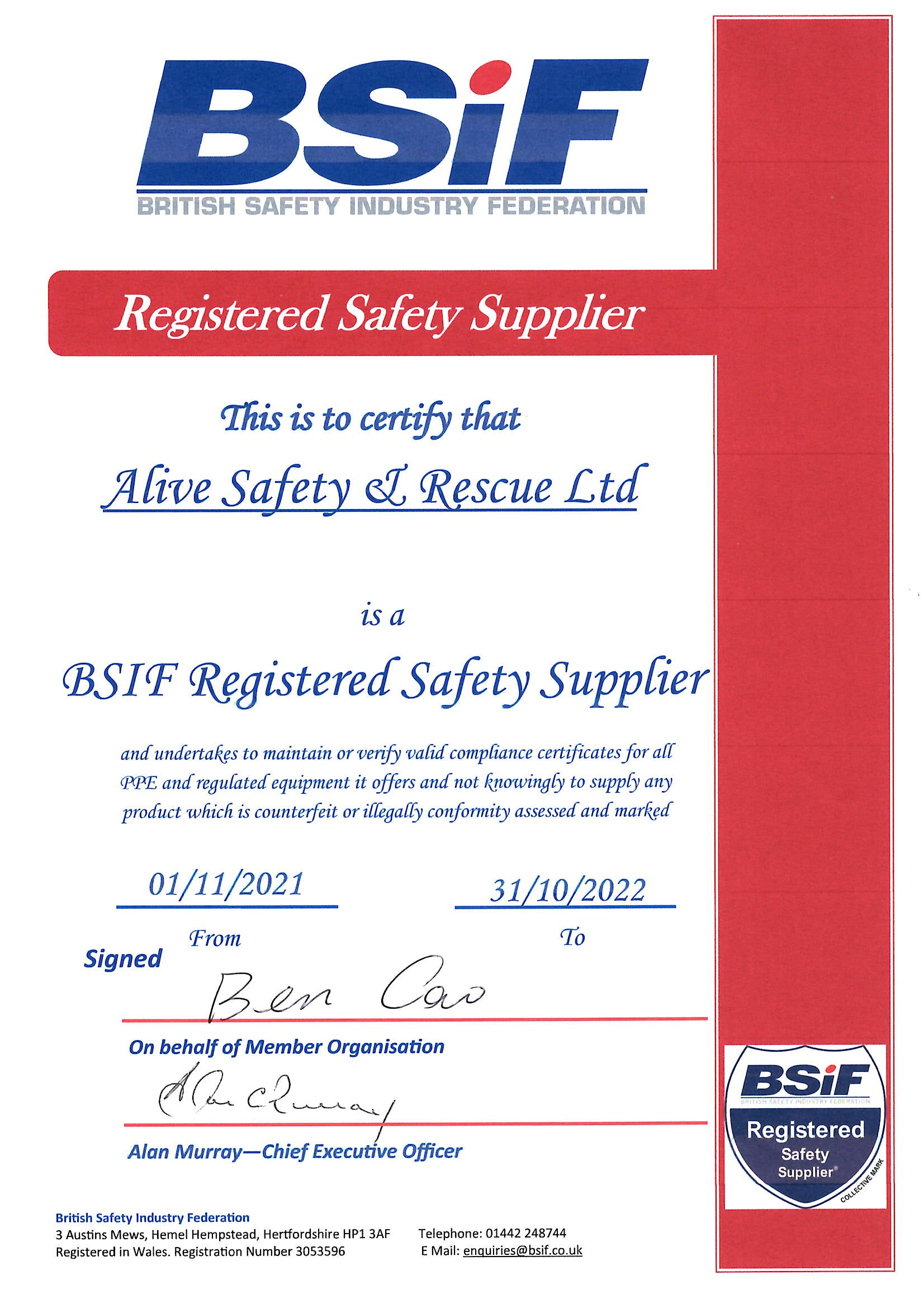 Alive Safety & Rescue Ltd is BSIF Registered Safety Suppliers