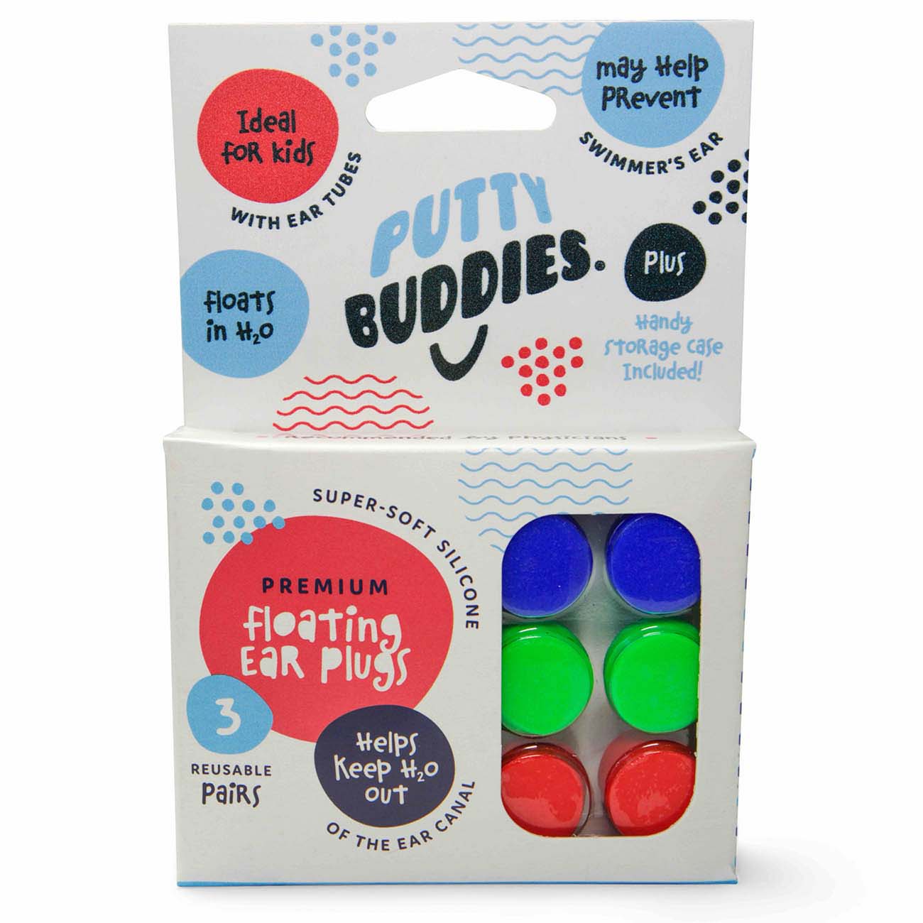 Putty Buddies FLoating swimming earplugs - Blue Green Red