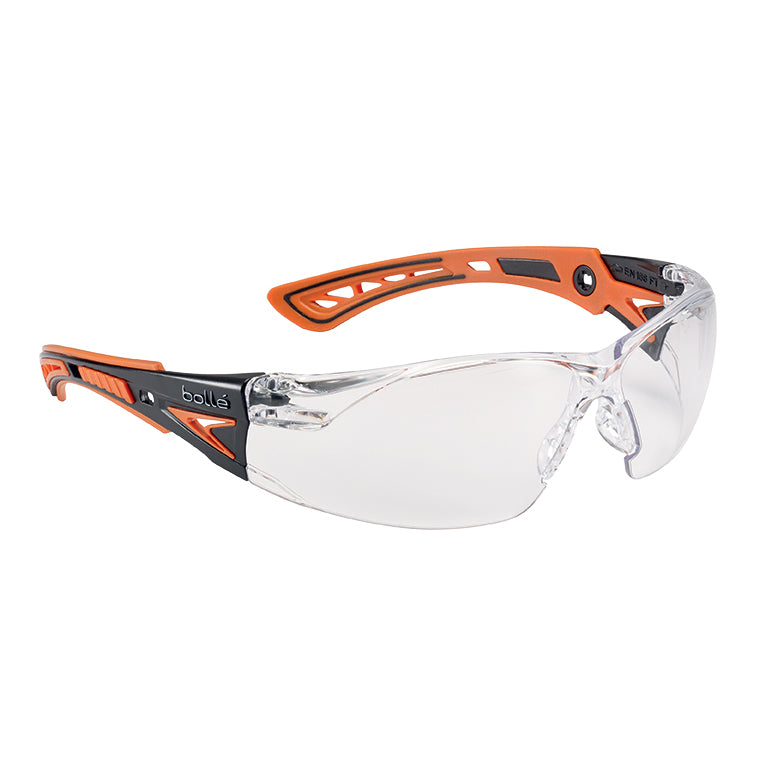 Bolle RUSH+ Safety Glasses - Black/Orange Temples Clear Lens